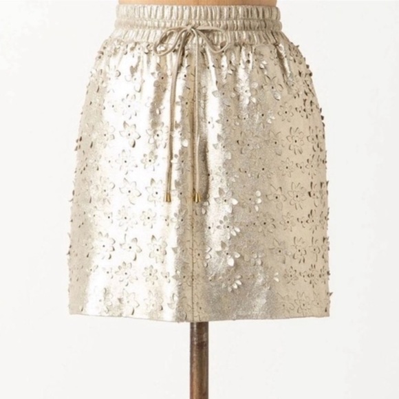 Anthro Leifsdottir Sliced Sliverfield Skirt Gold Leather Floral Mini Skirt, 2 - Picture 1 of 9